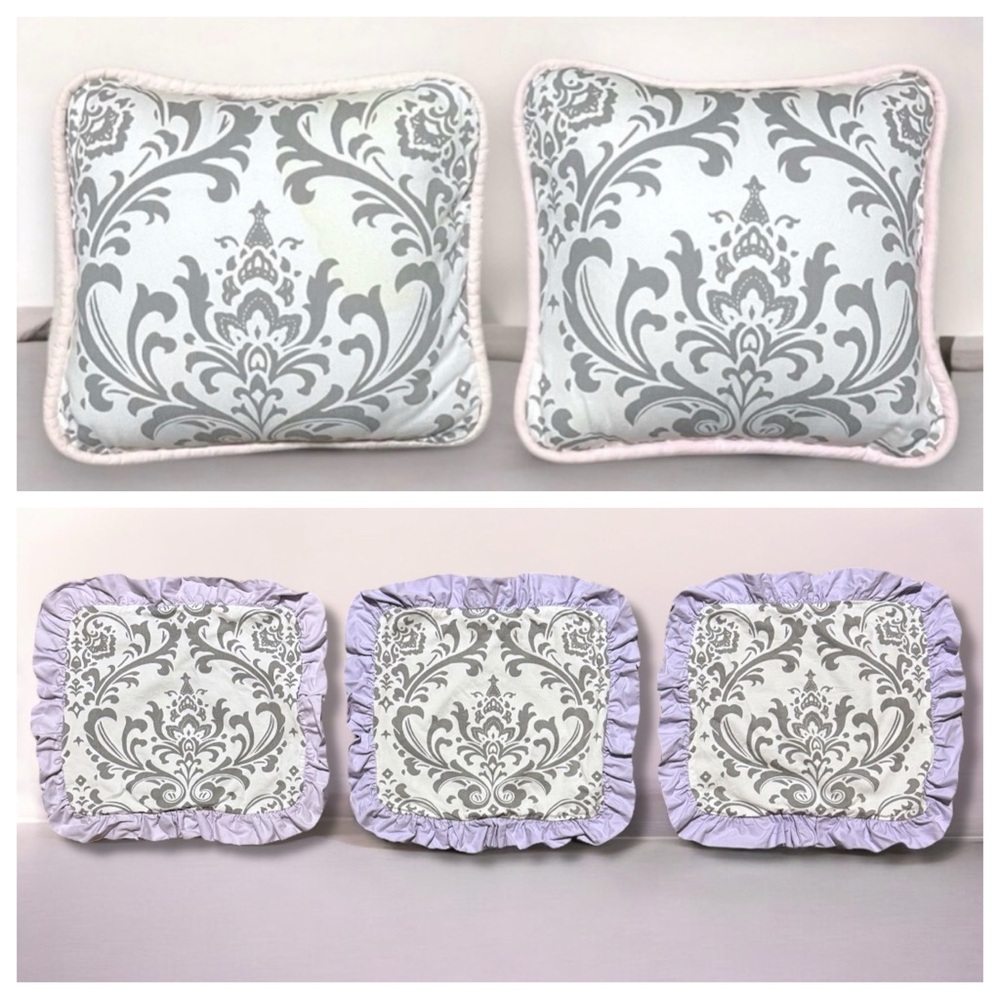 5 Pillows Carousel Designs 3 Lilac & Gray Damask Pillow Squares & 2 Pink & Gray